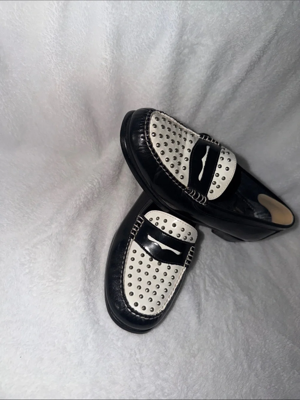 Black and White Studded Penny Loafers — Women's Two-Tone Flats